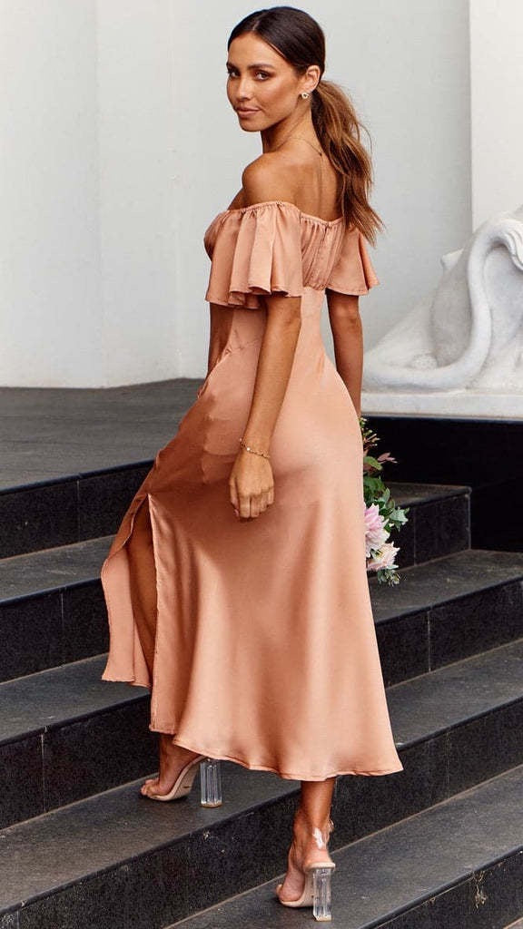 Koren satin midi dress with an off-the-shoulder design
