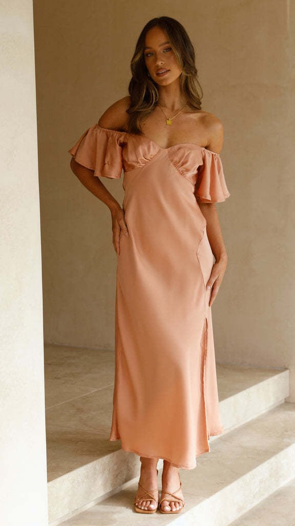 Koren satin midi dress with an off-the-shoulder design