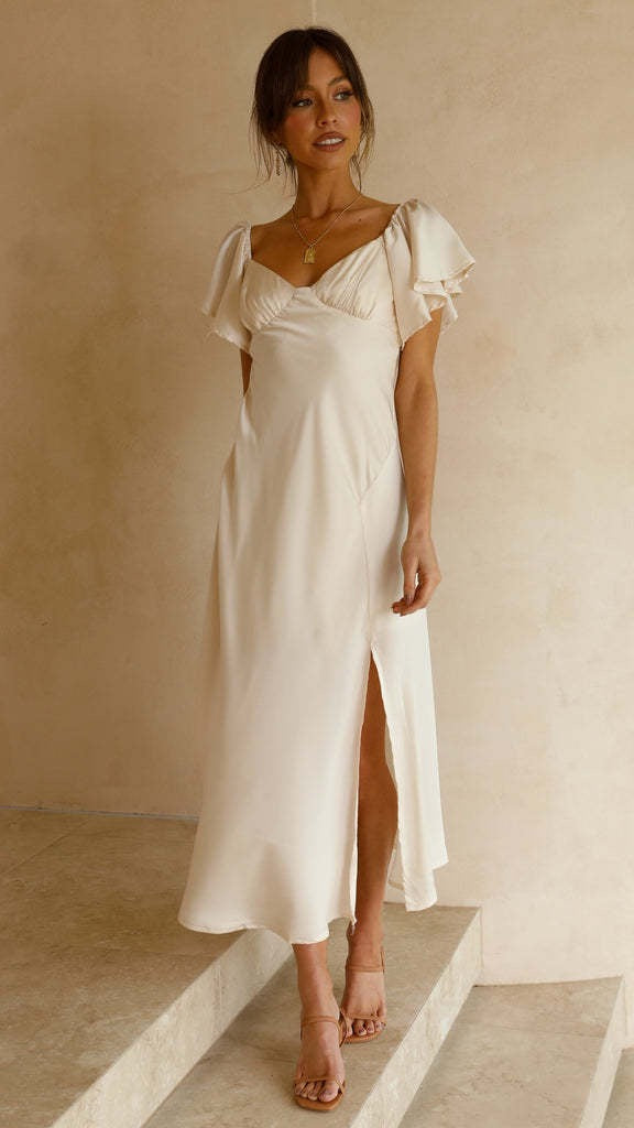 Koren satin midi dress with an off-the-shoulder design