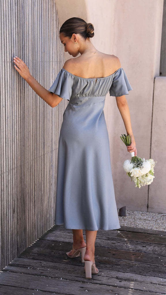 Koren satin midi dress with an off-the-shoulder design