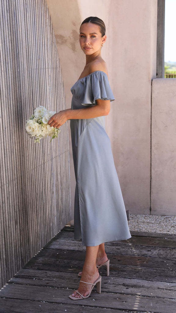 Koren satin midi dress with an off-the-shoulder design