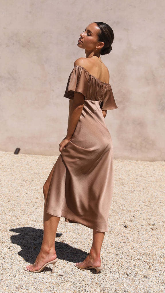 Koren satin midi dress with an off-the-shoulder design