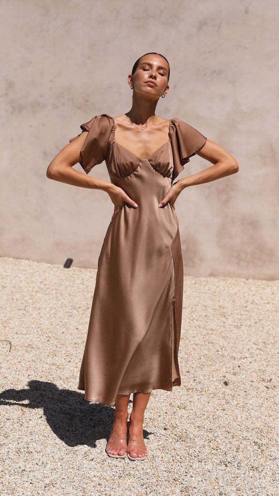 Koren satin midi dress with an off-the-shoulder design