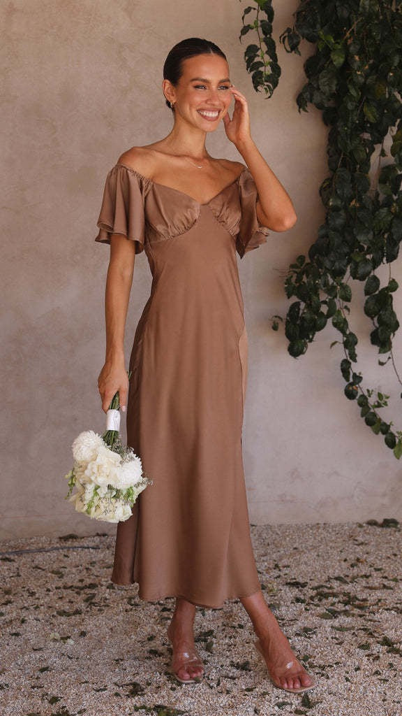 Koren satin midi dress with an off-the-shoulder design