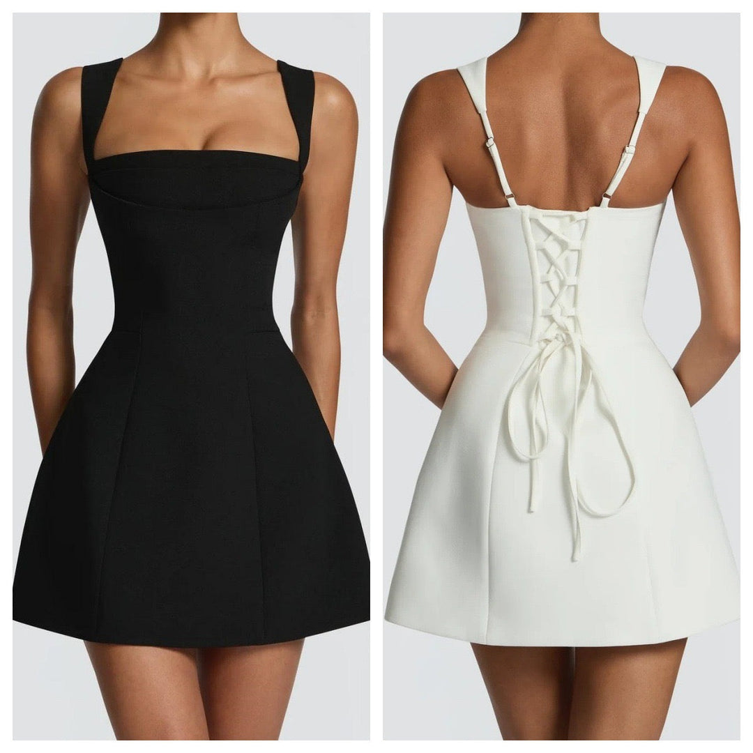 A-line mini dress with back ties for a fitted waist – Vela