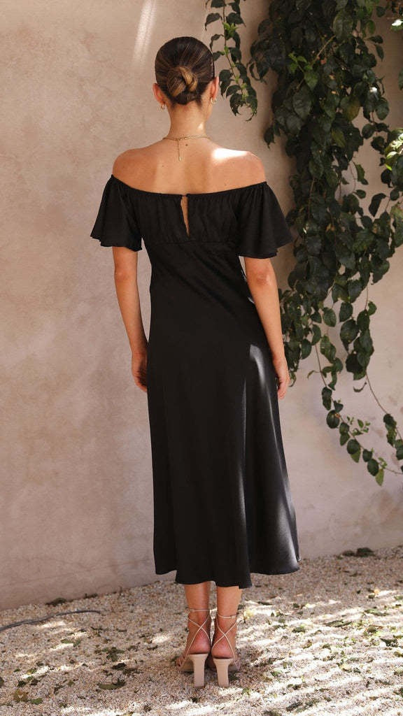 Koren satin midi dress with an off-the-shoulder design