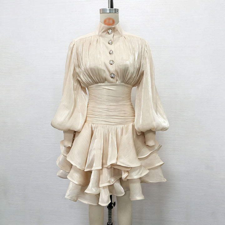 Luciela ruched chiffon ruffle mini dress with a shiny fabric and button trim