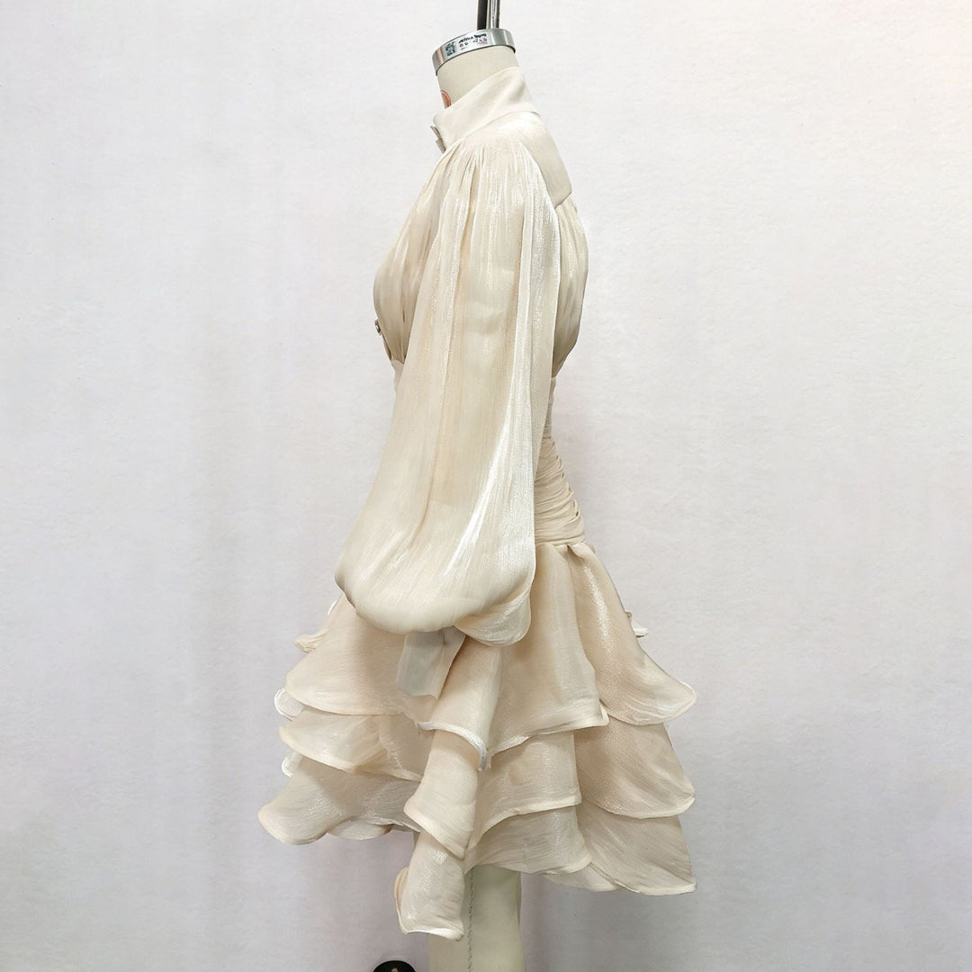 Luciela ruched chiffon ruffle mini dress with a shiny fabric and button trim