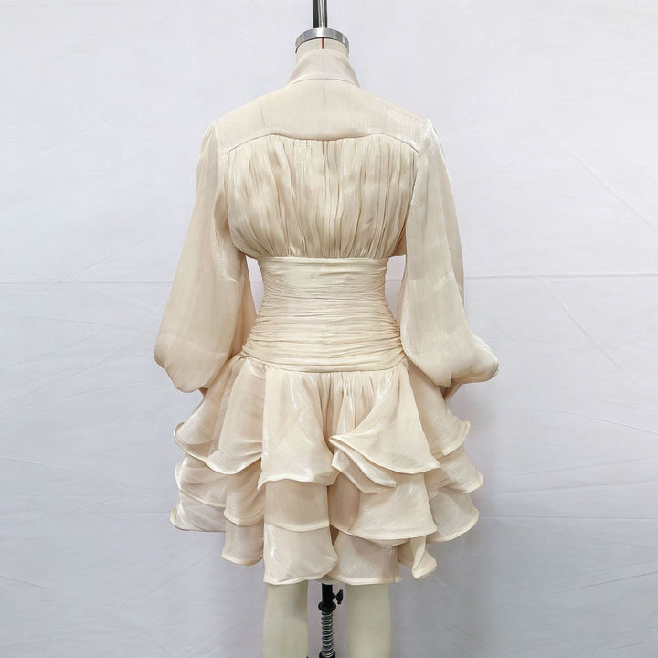 Luciela ruched chiffon ruffle mini dress with a shiny fabric and button trim