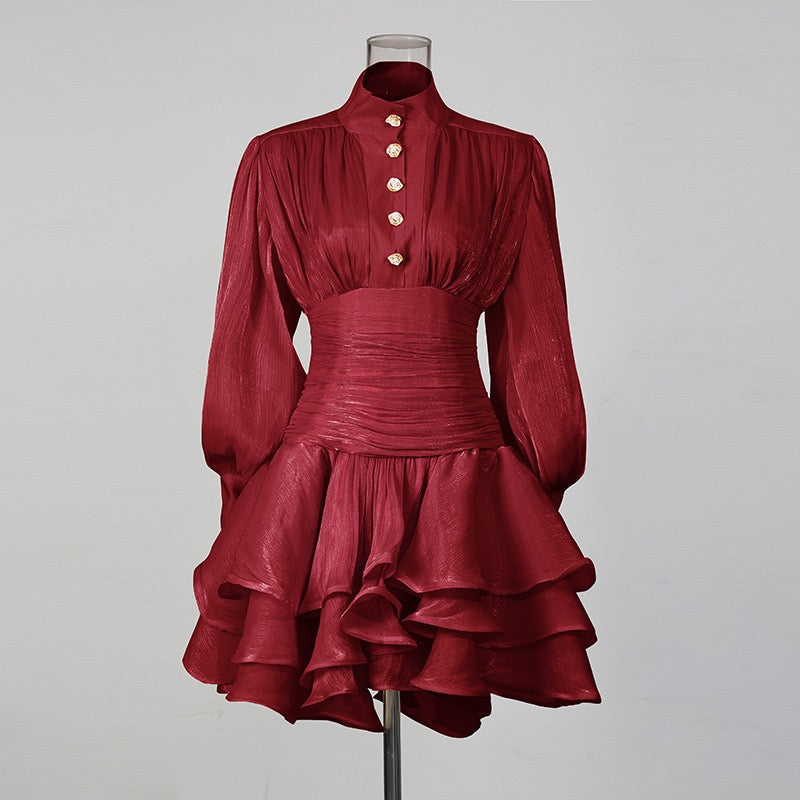 Luciela ruched chiffon ruffle mini dress with a shiny fabric and button trim
