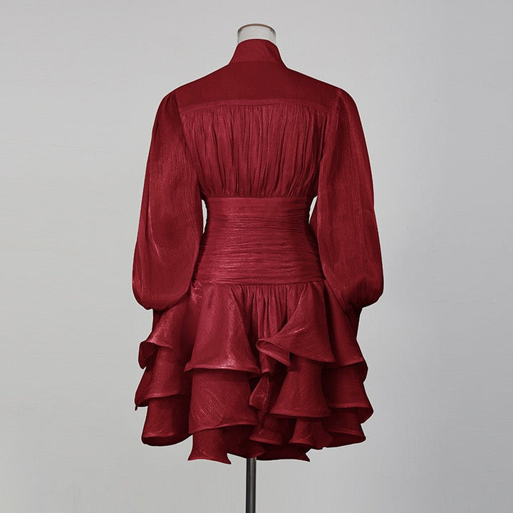 Luciela ruched chiffon ruffle mini dress with a shiny fabric and button trim