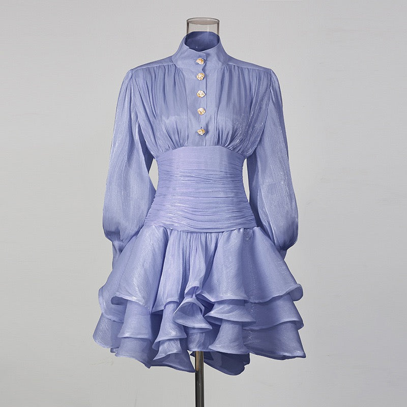 Luciela ruched chiffon ruffle mini dress with a shiny fabric and button trim