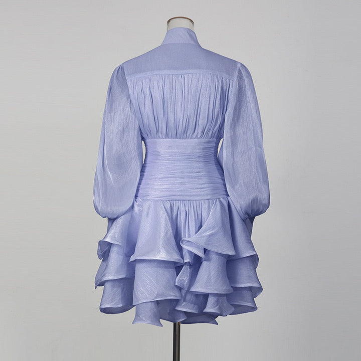 Luciela ruched chiffon ruffle mini dress with a shiny fabric and button trim