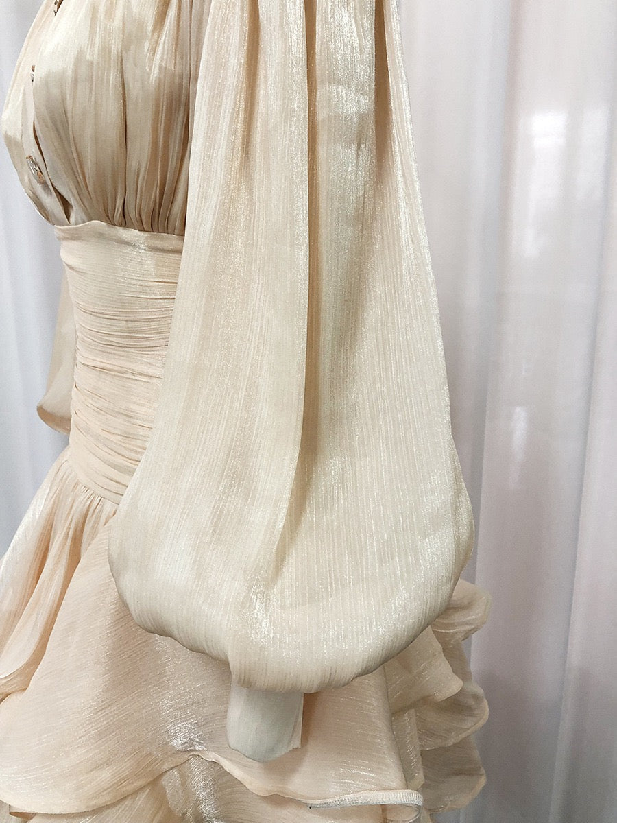 Luciela ruched chiffon ruffle mini dress with a shiny fabric and button trim