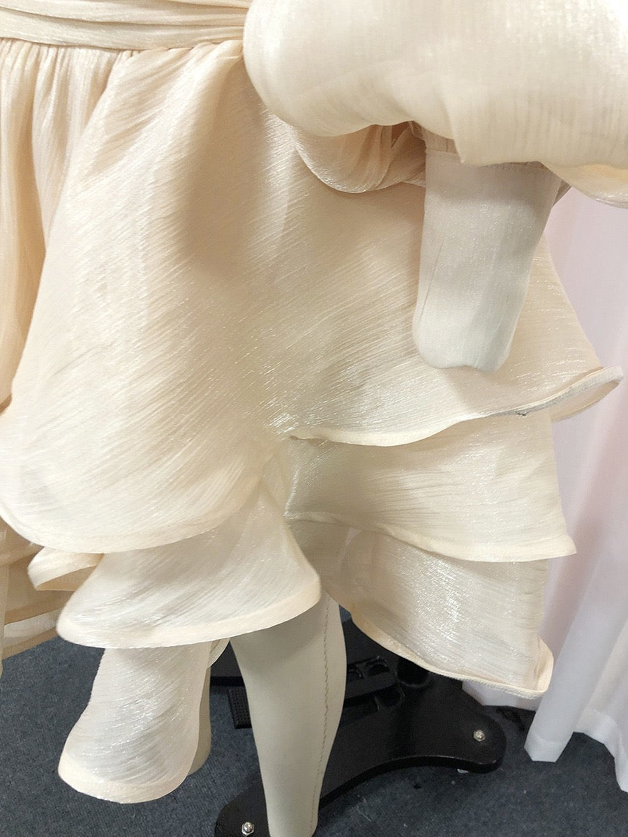 Luciela ruched chiffon ruffle mini dress with a shiny fabric and button trim