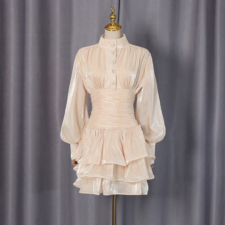 Luciela ruched chiffon ruffle mini dress with a shiny fabric and button trim