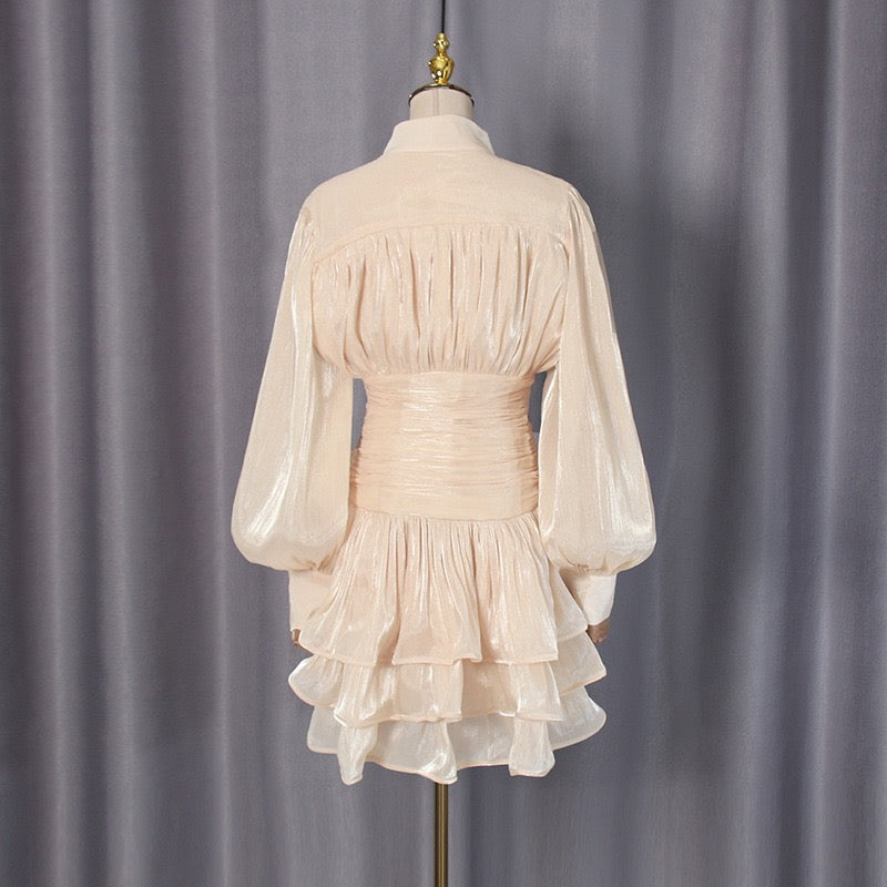 Luciela ruched chiffon ruffle mini dress with a shiny fabric and button trim