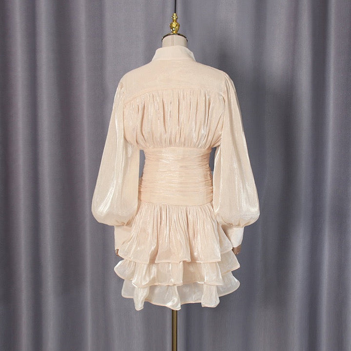 Luciela ruched chiffon ruffle mini dress with a shiny fabric and button trim