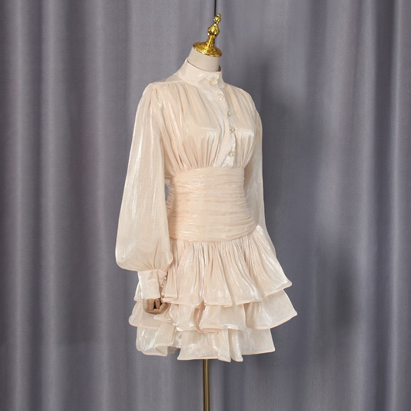 Luciela ruched chiffon ruffle mini dress with a shiny fabric and button trim