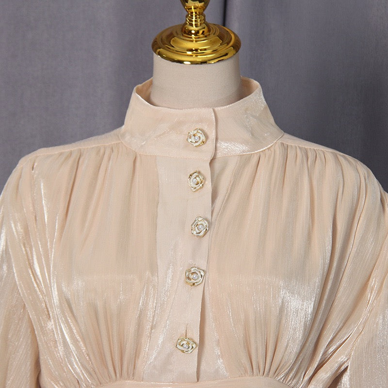 Luciela ruched chiffon ruffle mini dress with a shiny fabric and button trim