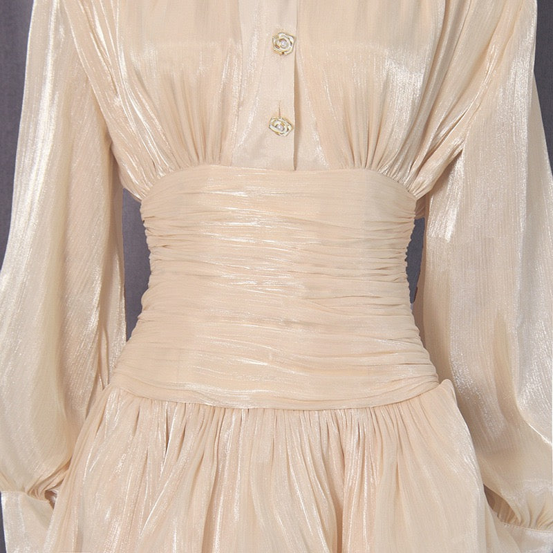 Luciela ruched chiffon ruffle mini dress with a shiny fabric and button trim