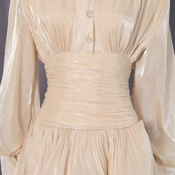Luciela ruched chiffon ruffle mini dress with a shiny fabric and button trim