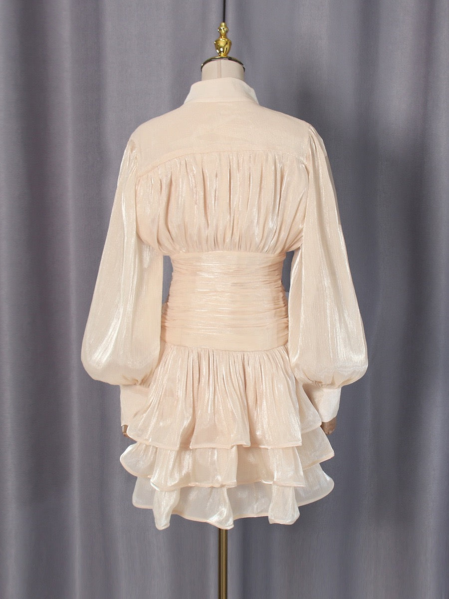 Luciela ruched chiffon ruffle mini dress with a shiny fabric and button trim