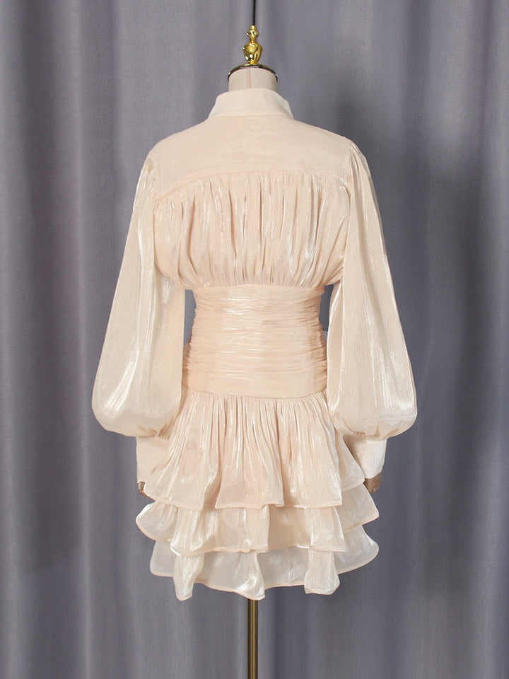 Luciela ruched chiffon ruffle mini dress with a shiny fabric and button trim