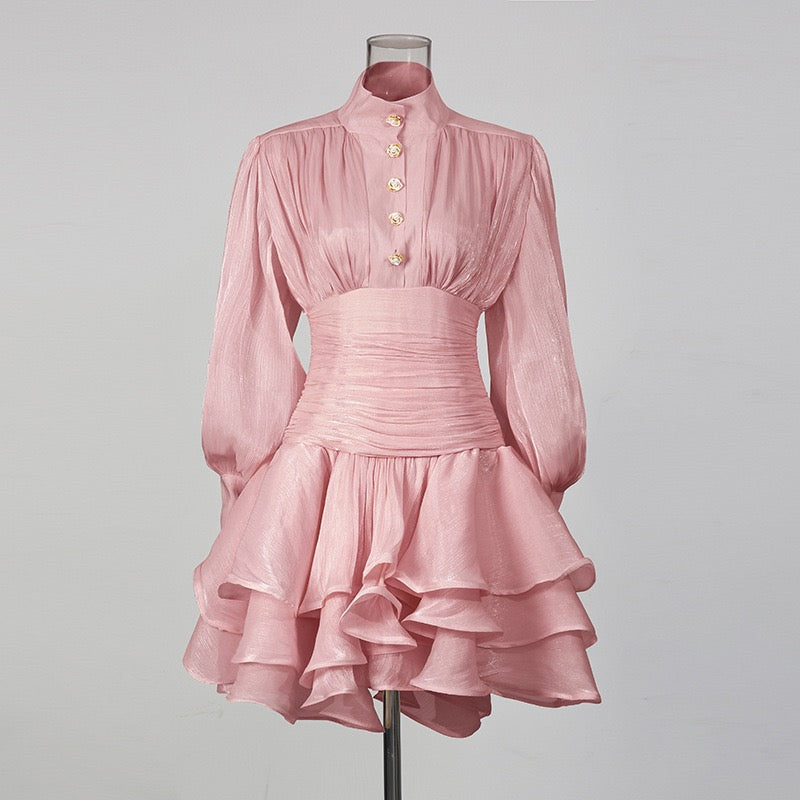 Luciela ruched chiffon ruffle mini dress with a shiny fabric and button trim