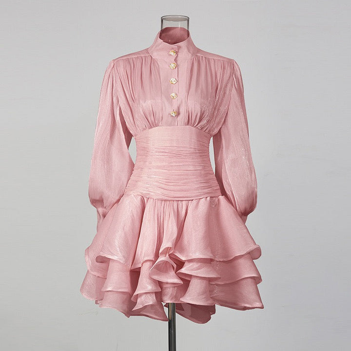 Luciela ruched chiffon ruffle mini dress with a shiny fabric and button trim