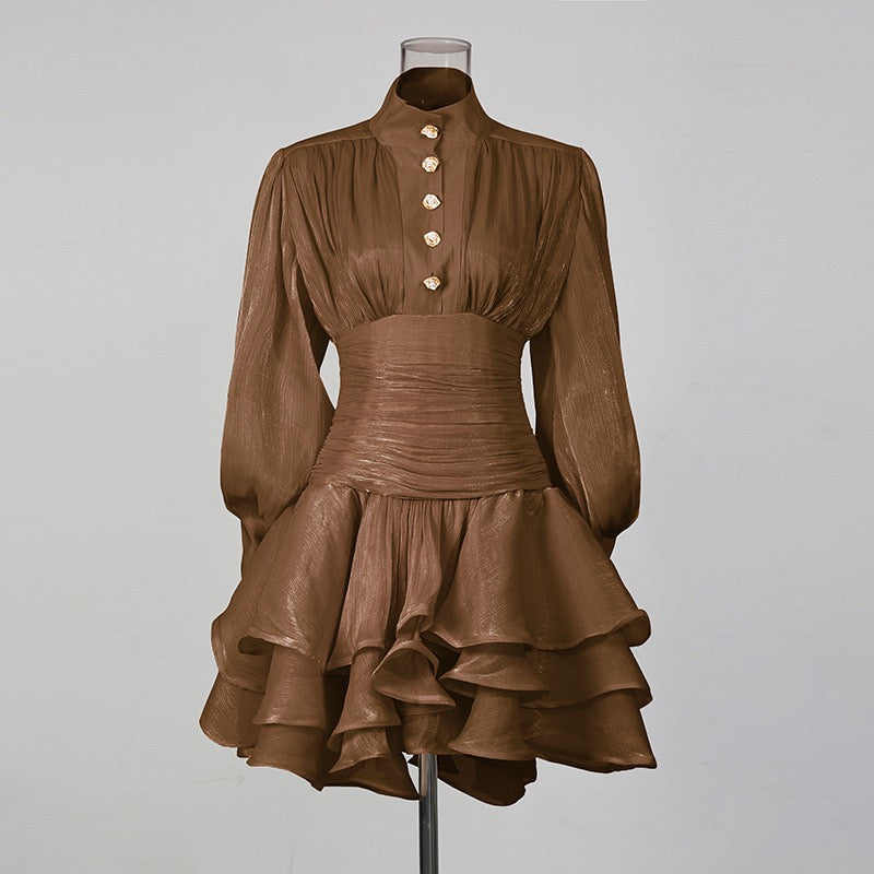 Luciela ruched chiffon ruffle mini dress with a shiny fabric and button trim