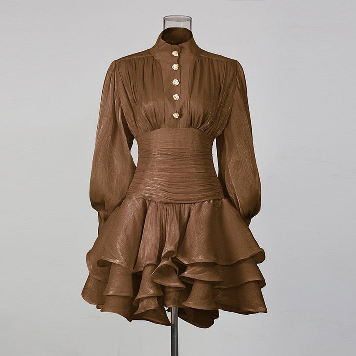 Luciela ruched chiffon ruffle mini dress with a shiny fabric and button trim