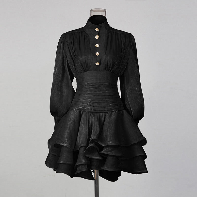 Luciela ruched chiffon ruffle mini dress with a shiny fabric and button trim