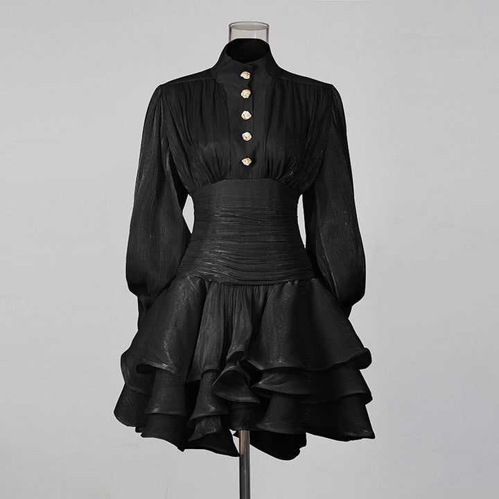Luciela ruched chiffon ruffle mini dress with a shiny fabric and button trim