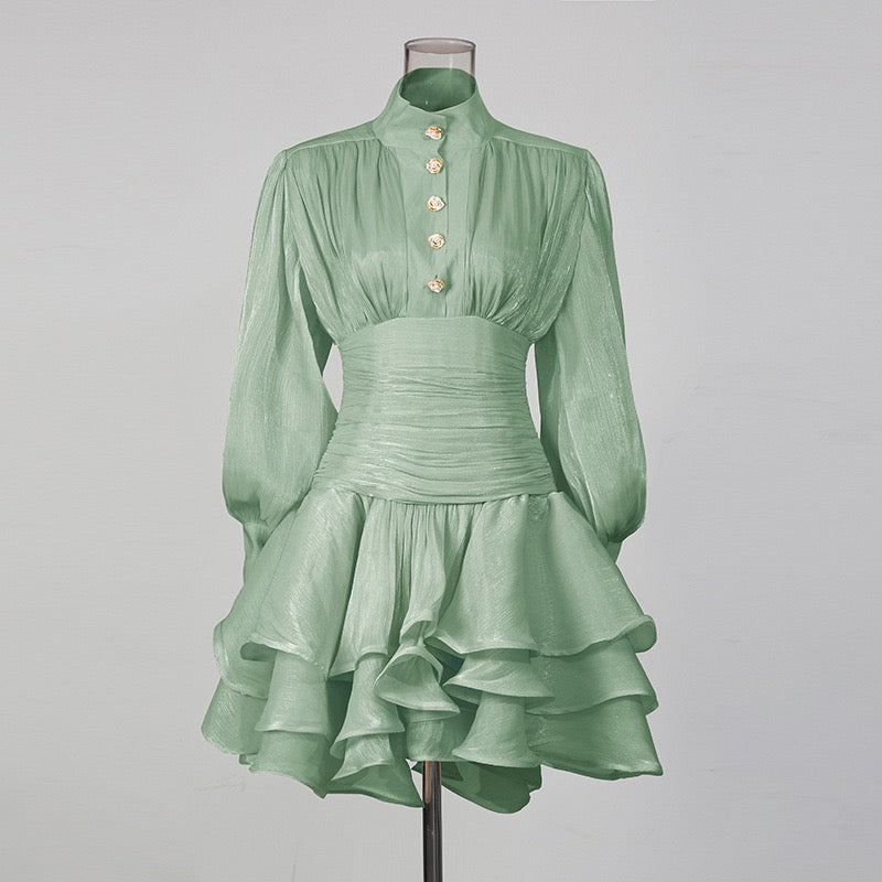 Luciela ruched chiffon ruffle mini dress with a shiny fabric and button trim