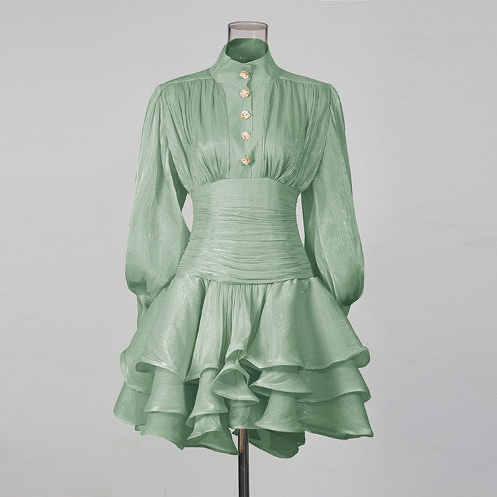 Luciela ruched chiffon ruffle mini dress with a shiny fabric and button trim