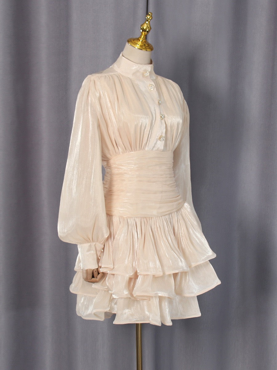 Luciela ruched chiffon ruffle mini dress with a shiny fabric and button trim