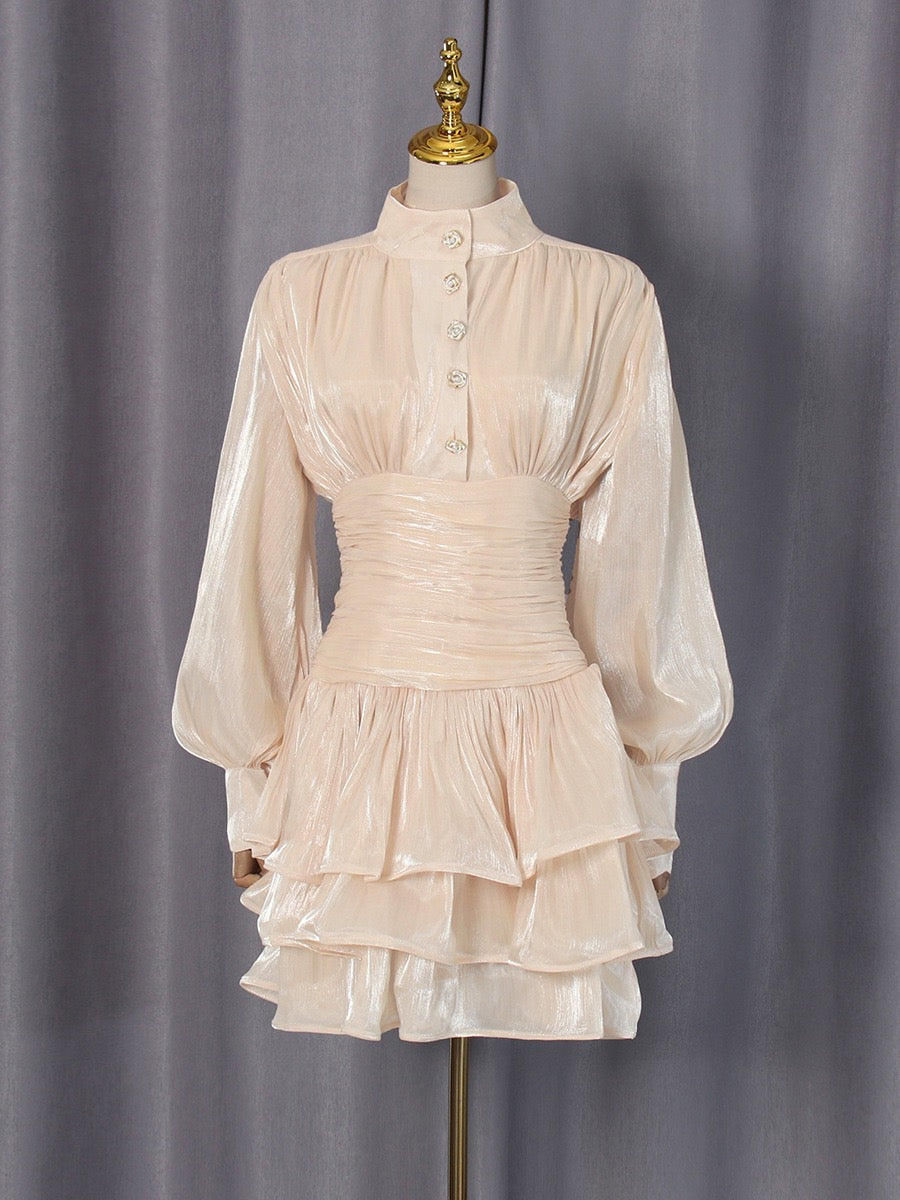 Luciela ruched chiffon ruffle mini dress with a shiny fabric and button trim