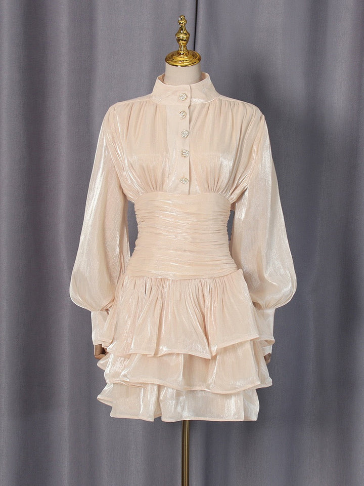 Luciela ruched chiffon ruffle mini dress with a shiny fabric and button trim