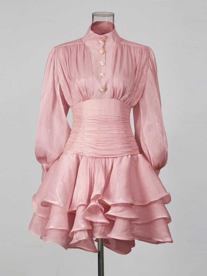 Luciela ruched chiffon ruffle mini dress with a shiny fabric and button trim