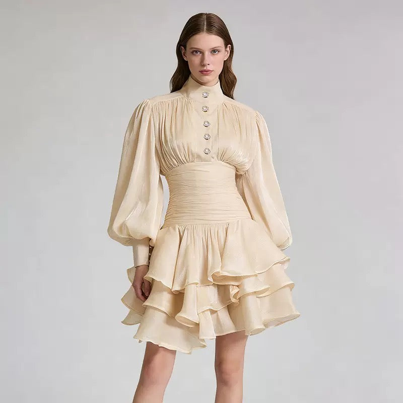 Luciela ruched chiffon ruffle mini dress with a shiny fabric and button trim