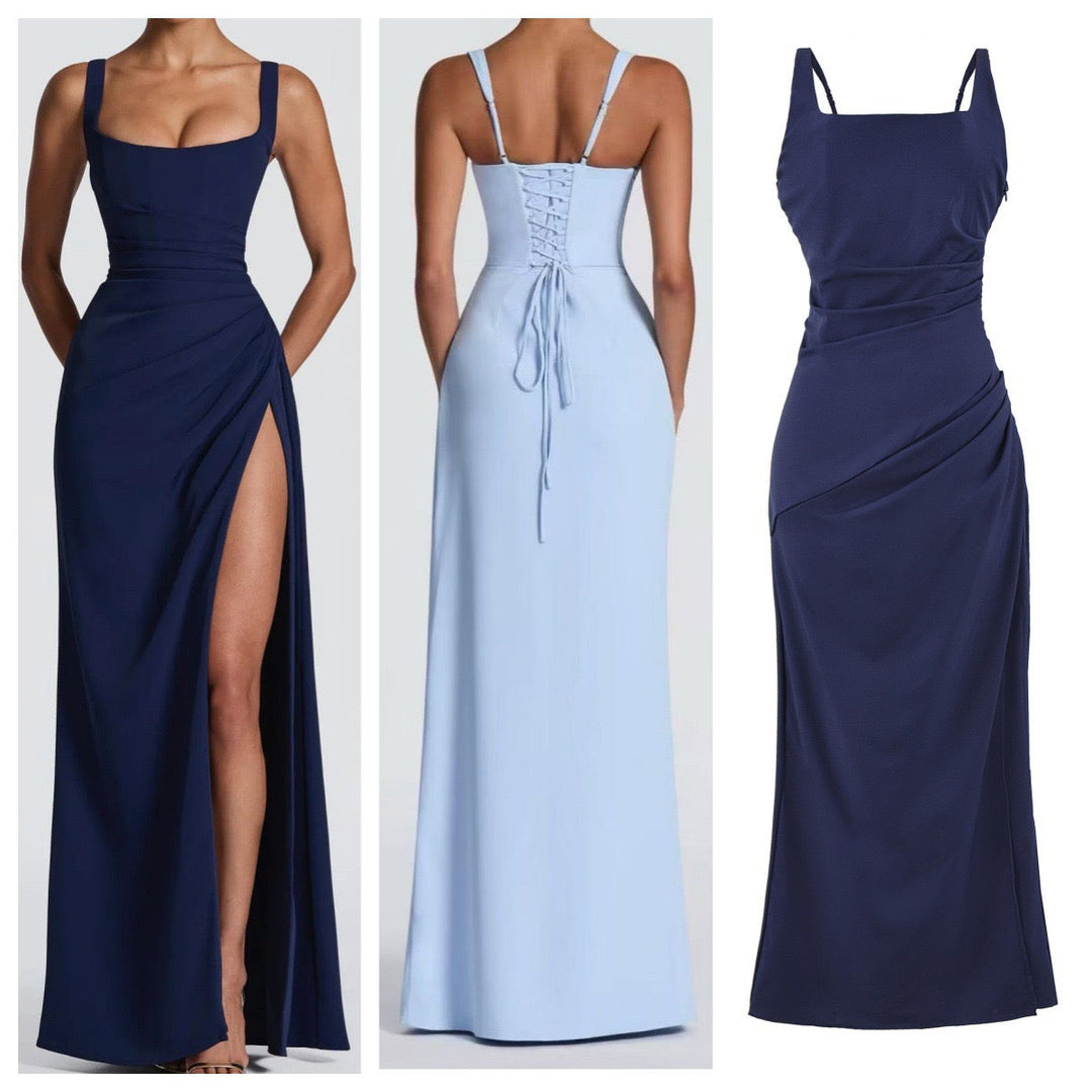Elegant maxi dress with a slit and back ties for a fitted waist – SKY