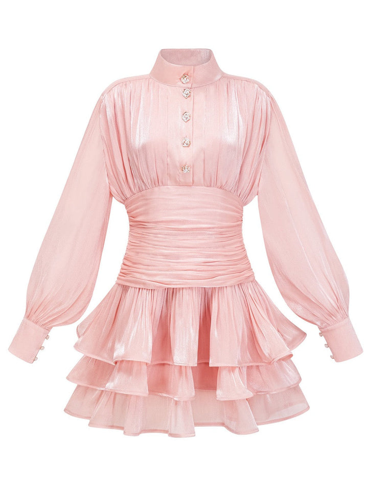 Luciela ruched chiffon ruffle mini dress with a shiny fabric and button trim