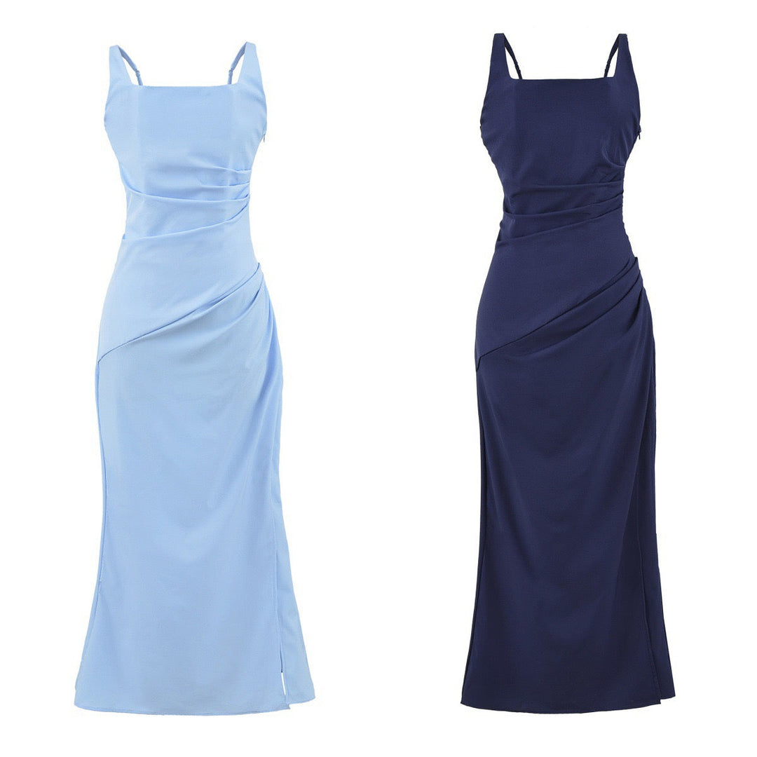 Elegant maxi dress with a slit and back ties for a fitted waist – SKY