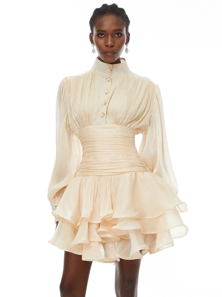 Luciela ruched chiffon ruffle mini dress with a shiny fabric and button trim