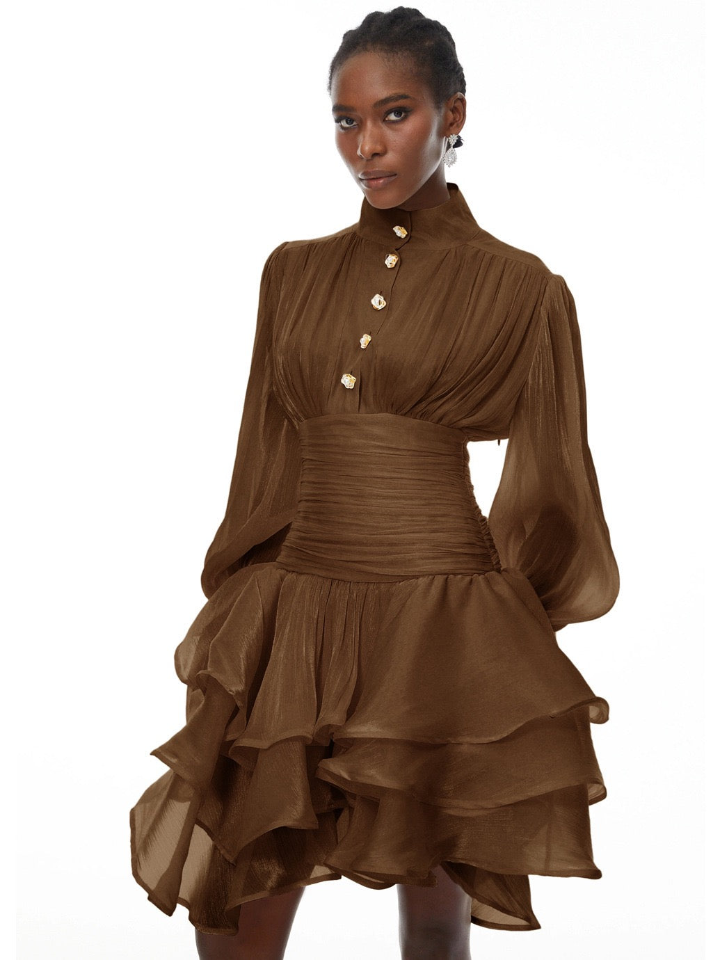 Luciela ruched chiffon ruffle mini dress with a shiny fabric and button trim