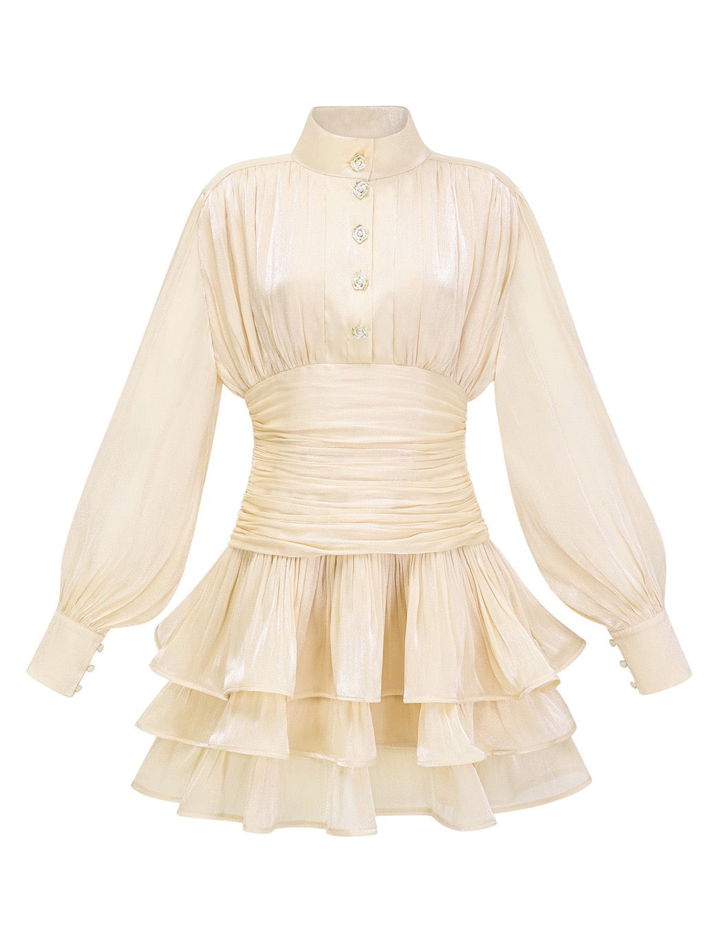 Luciela ruched chiffon ruffle mini dress with a shiny fabric and button trim