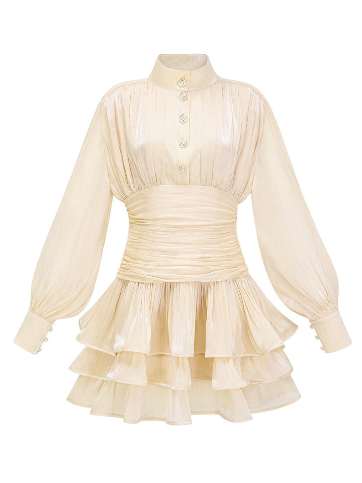Luciela ruched chiffon ruffle mini dress with a shiny fabric and button trim