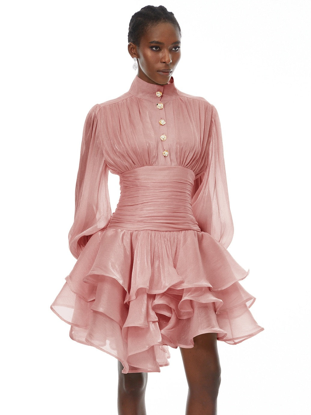 Luciela ruched chiffon ruffle mini dress with a shiny fabric and button trim