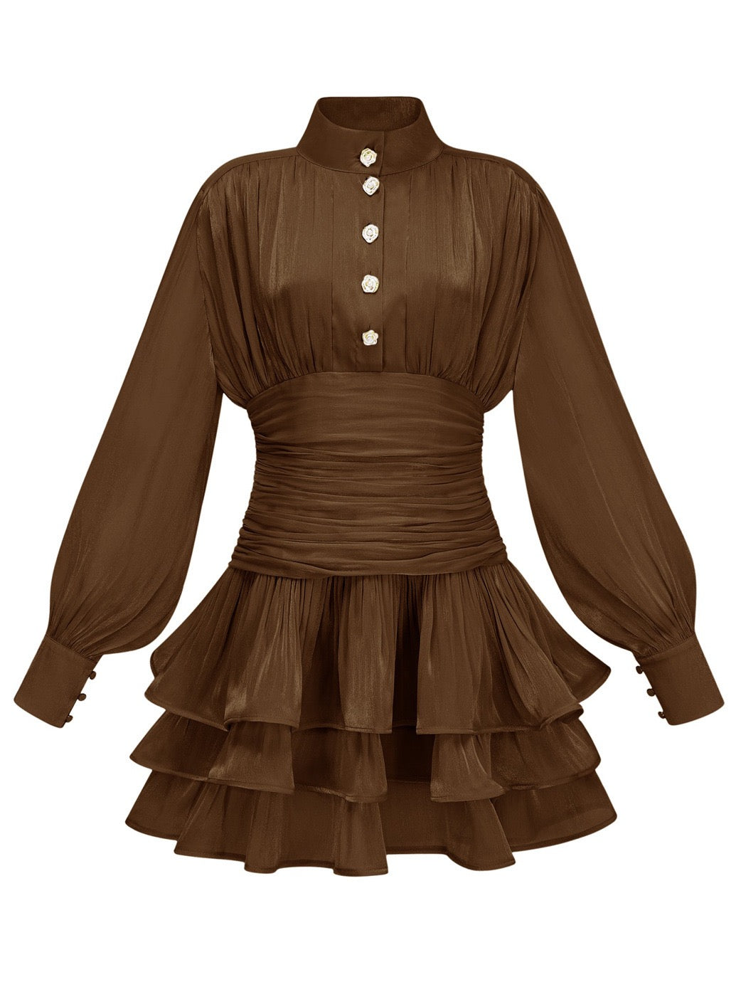 Luciela ruched chiffon ruffle mini dress with a shiny fabric and button trim